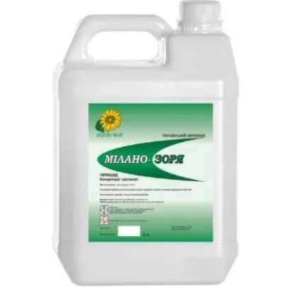 Біла канистра з етикеткою МІЛАНО-ЗОРЯ