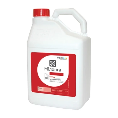 Белая канистра с красной крышкой и этикеткой Милонга, СЕ