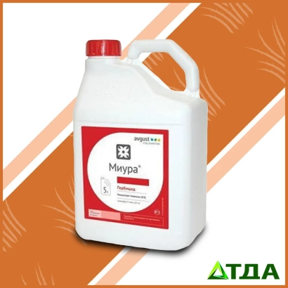 Белая канистра с красной крышкой и этикеткой Миура на оранжевом фоне - МИУРА К.Е.