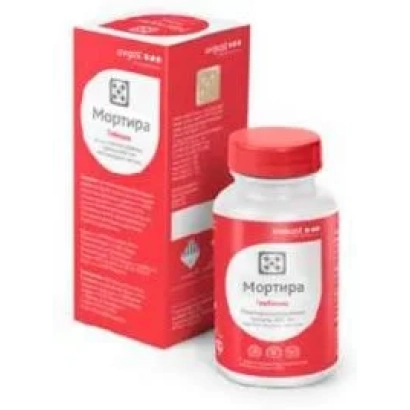 Червона упаковка та флакон з написом «Мортира»