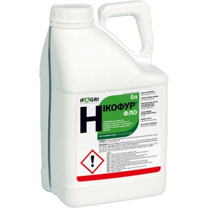 Белая канистра с этикеткой НИКОФУР СПО - НИКОФУР ФЛО, МД, гербицид