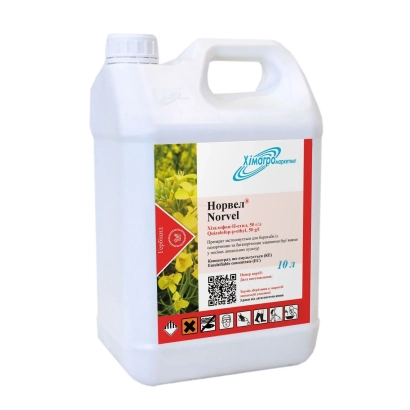 White canister with Norwel label against green field background - Norwel, CE (Hizalofop-P-ethyl, 50 g/l)