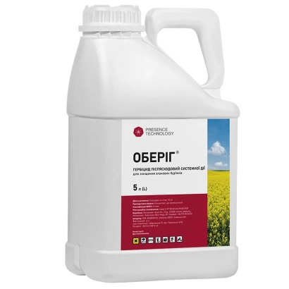 Белая канистра с этикеткой ОБЕРІГ на фоне поля - Обериг Гранд к.е. + ПАР «Корона»