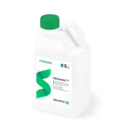 Біла канистра з зеленою кришкою та етикеткою Palamis, SE, гербіцид - Пеламіс, СЕ, гербіцид