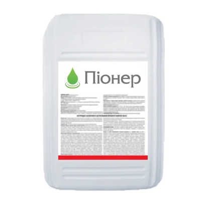 Белая канистра с этикеткой «Піонер» и текстовой информацией на украинском языке. - Pioneer 900 g/L, Гербицид (Ацетохлор 900 g/L)