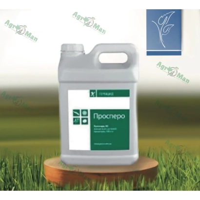 Канистра гербицида Проспера на деревянной подставке на фоне травы - Проспер, СЕ