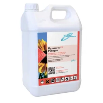 Белая канистра с этикеткой Пульсагро на фоне подсолнуха