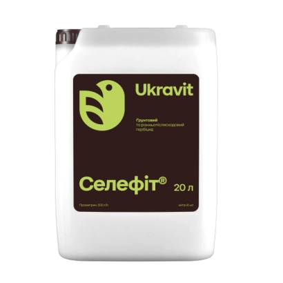 Біла канистра з етикеткою UkraVit та написом Селефіт 20 л