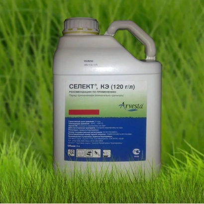 Бутылка гербицида СЕЛЕКТ К3 (120 г/л) на фоне зелёной травы - Селект 120 к.е.