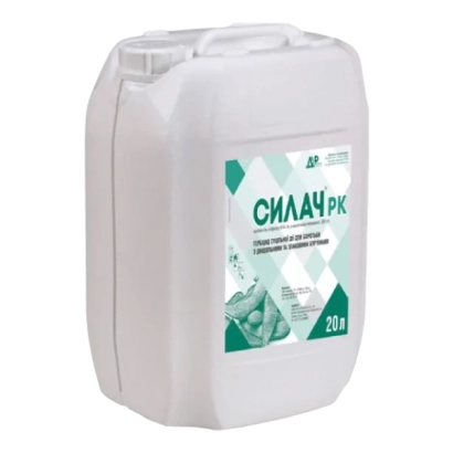 Біла канистра з етикеткою СИЛАЧ РК