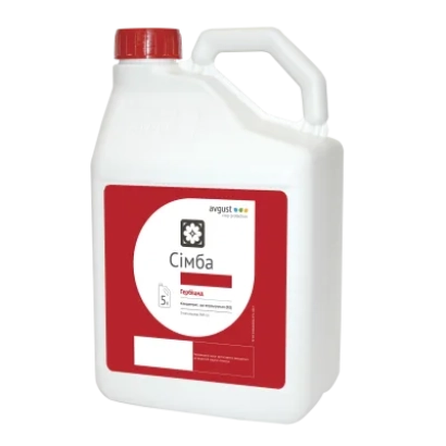 Белая канистра с красной этикеткой, на которой написано «Симба»