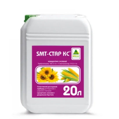 Белая канистра с этикеткой SMT-СТАР КС, изображением подсолнуха и кукурузы, объёмом 20 л.