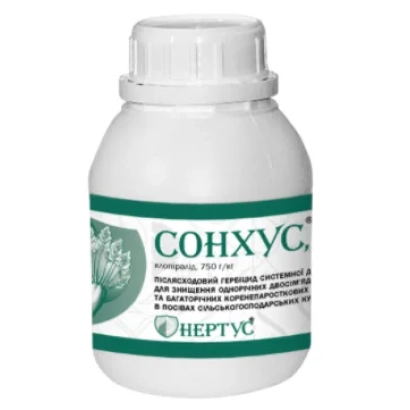 Бутелька з гербіцидом СОНХУС на зеленому етикеті - Сонхус, ВГ, (Клопіралід, 750 г/кг)