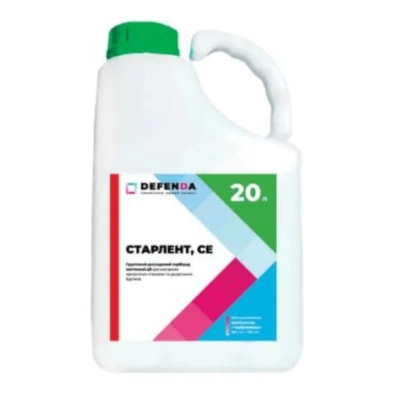 Bottle of herbicide STARLENT SE with green cap and colorful label