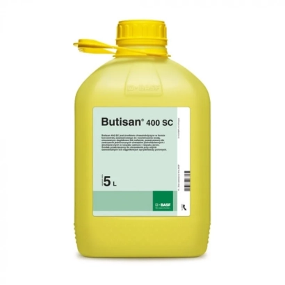Yellow container with label Butisan 400 SC - Stobob w.r.k., (Imazethapyr 5g/l + Bentyazon 400 g/l)