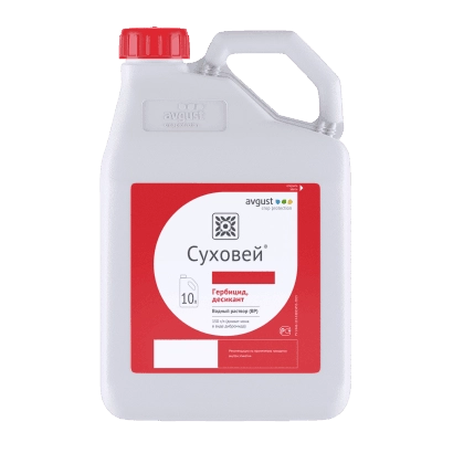 Белая канистра с красной этикеткой, на которой написано «Суховий, РК., (Дикват дибромід, 200 г/л)». - Суховий, РК., (Dicquat Dibromide, 200 g/l)
