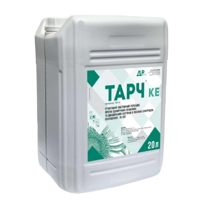 Белая канистра с этикеткой ТАРЧ КЕ, гербицид для борьбы с сорняками.