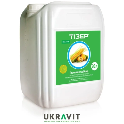 Белая канистра с зелёной этикеткой, на которой изображён колос пшеницы и написано «ТІЗЕР». - Тизер, КЕ, гербицид