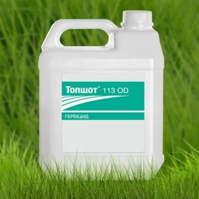 Белая канистра с этикеткой Топшот 113 OD на зелёном фоне