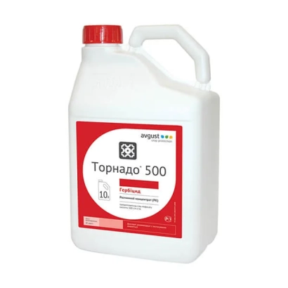 Белая канистра с красной этикеткой, на которой написано Торнадо 500 - Торнадо 500, РК, гербицид, десикант