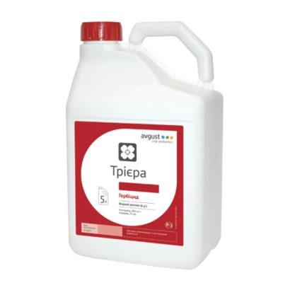 Белая канистра с красной этикеткой, на которой написано «Трієра» - Триера