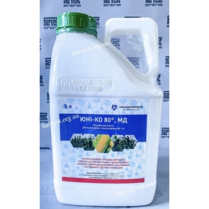 Бутель гербициду ЮНІ-КО 80, МД з етикеткою та зображенням рослин
