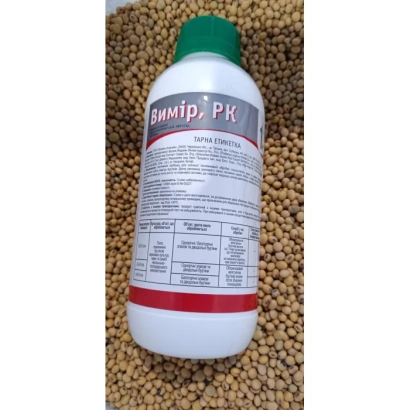 Bottle of herbicide Vimir, RK on grain background