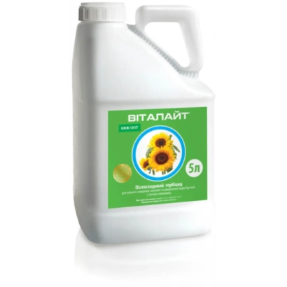 Белая канистра с зелёной этикеткой, на которой изображён подсолнух и написано ВІТАЛАЙТ, РК - ВИТАЛАЙТ, РК