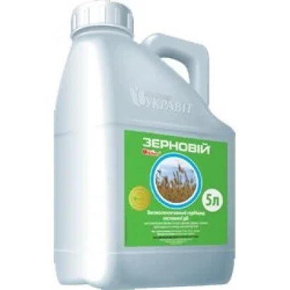 Канистра гербицида Зерновий с зелёной этикеткой и изображением поля