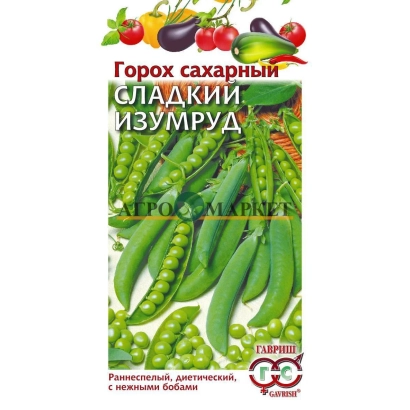 Пакет семян гороха сахарного СЛАДКИЙ ИЗУМРУД с изображением стручков и плодов
