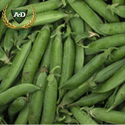 Зелені стручки гороха на фоні, логотип A+D у верхньому лівому куті - Харківський Еталонний