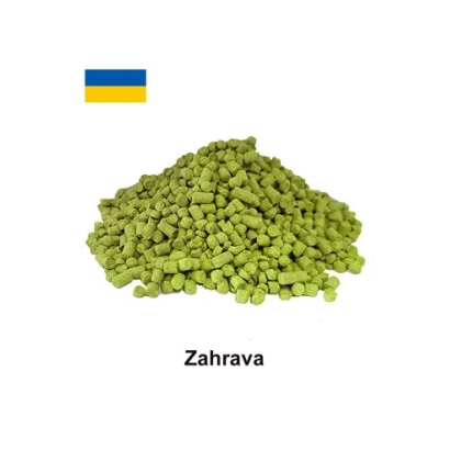 Зеленые гранулы хмеля Zahrava на белом фоне с флагом Украины и надписью Zahrava - Заграва