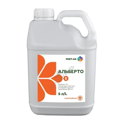 Біла канистра з етикеткою Альберто від PEST-JAR