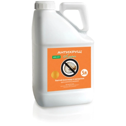 Белая канистра с оранжевой этикеткой, на которой написано «АНТИХРУЩ» и изображен значок защиты от насекомых. - АНТИХРУЩ ЛЮКС