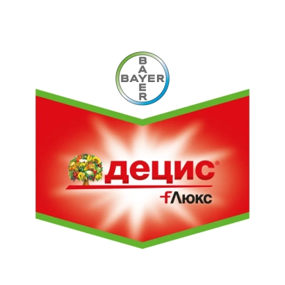 Логотип и название продукта Децис ф-Люкс на красном фоне с зелеными элементами.