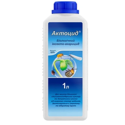 Bottle with product Aktotsid, blue cap, label with insect illustration and text 1L - Deltaseave