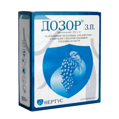 Packaging of insecticide DOZOR z.p. with a grape illustration - Dozor z.p., (fenoxycarb, 250 g