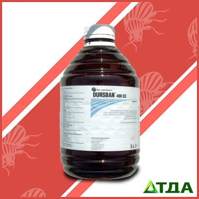 Флакон з препаратом Дурсбан 480 EC на червоному фоні з зображенням комах - Дурсбан 480 к.е.