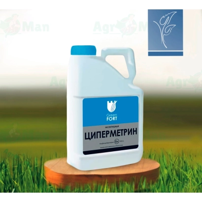 Bottle of insecticide Cypermethrin on a wooden stand against a grass background - Greenfort Cypermethrin