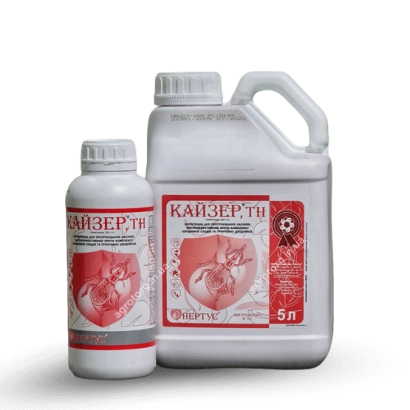 Флакон и канистра инсектицида Кайзер ТН с изображением красного яблока на этикетке