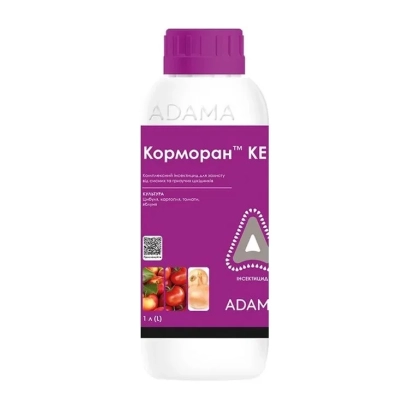 Бутылка с инсектицидом Корморан KE на фиолетовом фоне