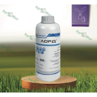 Bottle of insecticide LORD on a wooden stand against a grass background.