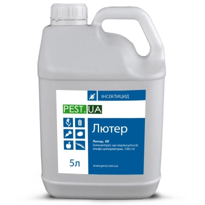 Белая канистра с этикеткой Pest UA и названием Лютер