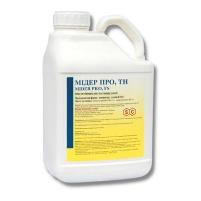 Белая канистра с этикеткой МІДЕР ПРО, ТН — инсектицид для защиты растений