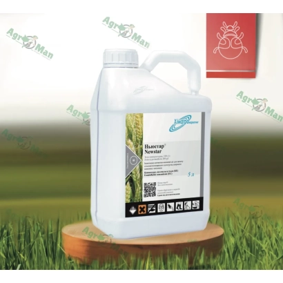 Bottle of insecticide Newstar c.e. on a wooden stand against a grass background.