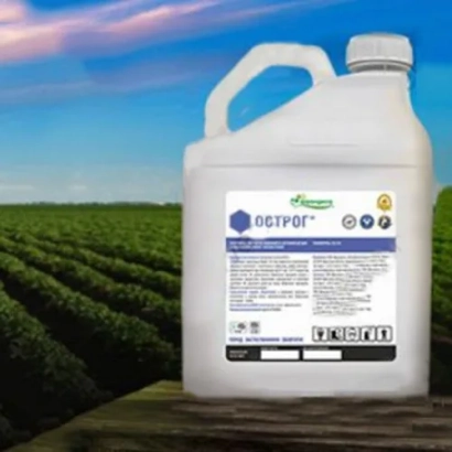 Каністра з інсектицидом ОСТРОГ на фоні поля