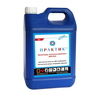 Синяя канистра с этикеткой «Практик EC» для защиты растений от насекомых и клещей. - Практик EC, (diazinon, 600 g/l)