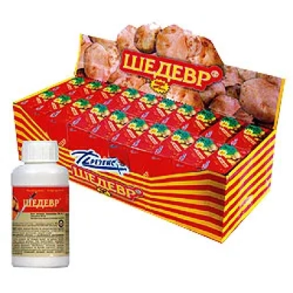 Бутылка и коробка инсектицида Шедевр с изображением насекомых на упаковке