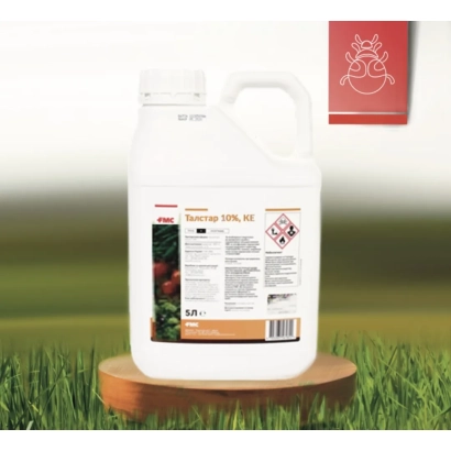 Флакон з інсектицидом Talstar 10% SC на дерев'яній підставці на фоні трави - Талстар 10%