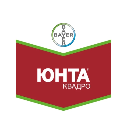 Логотип Bayer с названием продукта Юнта Квадро на красном фоне